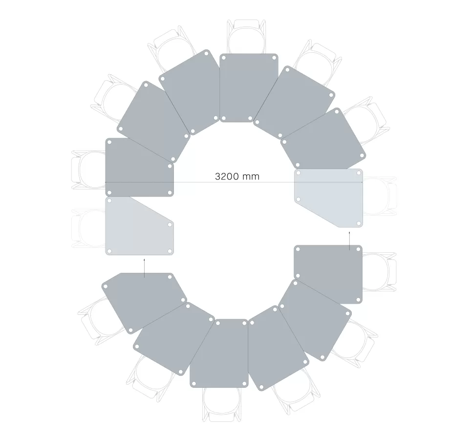 12 circle + further workstations possible FLÖTOTTO - FLEX TABLE Fünfecktisch